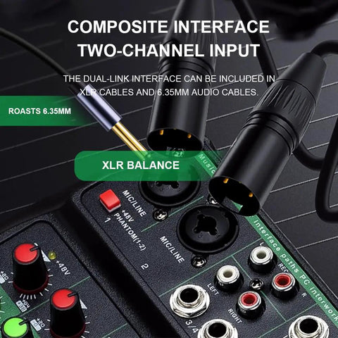 Close-up of inputs on 4 Channel Pro DJ Mixer With 99 DSP Effects, showing XLR balance connections and composite interface.