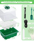 Seed Starter Tray Kit With Grow Lights And Humidity Domes, showing components including tray, tools, USB cable, and gloves.
