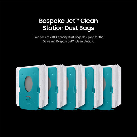 Bespoke Jet Clean Station Dust Bags 5 Pack, 2L Capacity For Cordless Vacuum Cleaner lined up in a row