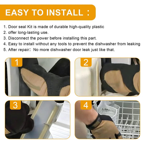 Install steps for Dishwasher Door Seal Kit Replacement For Frigidaire Kenmore Electrolux And Crosley includes close-up images.