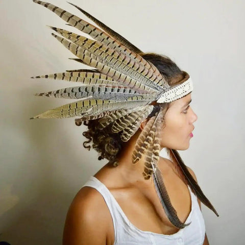 Person wearing headband with 12 Pcs Natural Ringneck Pheasant Tail Feathers 14 To 16 Inch For Crafts Weddings Parties Performances