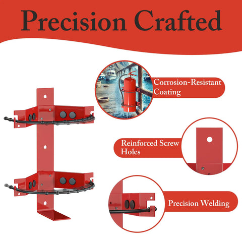 All Purpose Fire Extinguisher Mount Bracket with Easy Install Kit, heavy-duty red holder, corrosion-resistant, reinforced screw holes