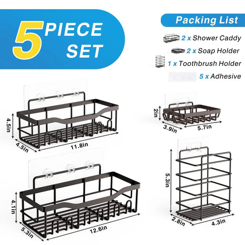 Five Piece No Drill Adhesive Shower Caddy Set with Rustproof Stainless Steel Bathroom Organizer space saving shelves diagram