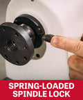 Close-up of 12 By 21 Inch Variable Speed Woodworking Lathe With 1 HP showing spring-loaded spindle lock mechanism in use by hand.