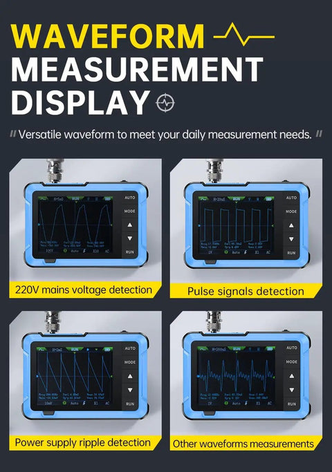 Display screens of 2In1 Portable Digital Oscilloscope And DDS Signal Generator With 10MHz Bandwidth, showcasing waveform readings.
