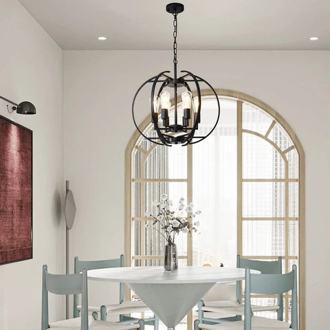 Black Globe Pendant Lights With Six Lights, adjustable ceiling chandelier in dining room, modern industrial style.