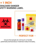 Built Different High Visibility Biohazard Warning Stickers 250 Roll Pack of Hella Durable Self Adhesive Safety Decals For Medical Labs Clinics And Industrial Sites on storage containers.