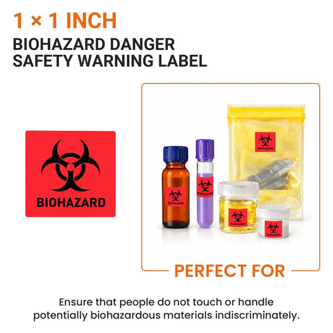 Built Different High Visibility Biohazard Warning Stickers 250 Roll Pack of Hella Durable Self Adhesive Safety Decals For Medical Labs Clinics And Industrial Sites on storage containers.