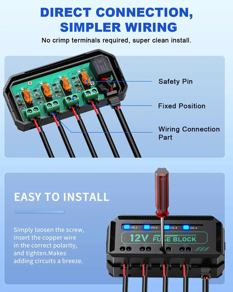Drop In 12V Fuse Block With 20A Relay Junction Kit Featuring Four Separate Circuits, showcasing easy wiring and built-in relay design.