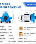 110V Water Transfer Pump With Self Priming Diaphragm Delivers 4.0 GPM At 45 PSI with brass adapters and dimensions shown