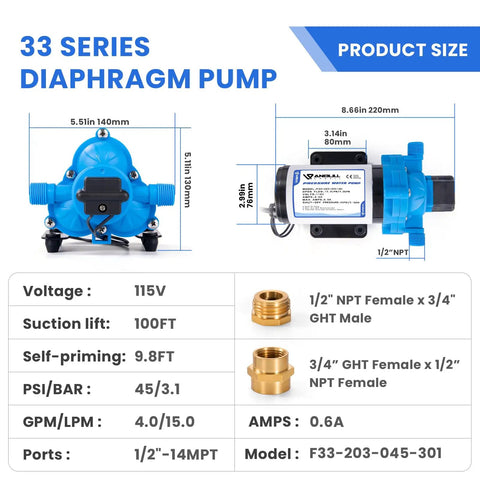 110V Water Transfer Pump With Self Priming Diaphragm Delivers 4.0 GPM At 45 PSI with brass adapters and dimensions shown