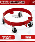 Two Pack Drum Dollies For 16 Gallon Drums Red Mobile Base With Four Swivel Casters, Heavy Duty Drum Cart Set For Buckets, Shops, Garages, Factories, And Warehouses, Easy Roll, Stable, Perfect For Moving Large Drums. Red steel drum dolly with four swivel casters, 13-14 1/4 inch diameter, 2 pcs