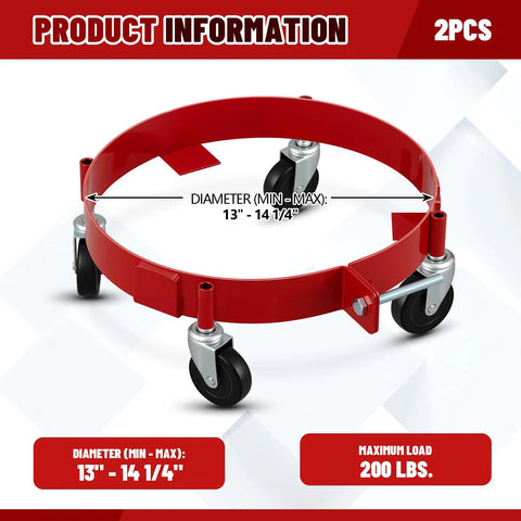 Two Pack Drum Dollies For 16 Gallon Drums Red Mobile Base With Four Swivel Casters, Heavy Duty Drum Cart Set For Buckets, Shops, Garages, Factories, And Warehouses, Easy Roll, Stable, Perfect For Moving Large Drums. Red steel drum dolly with four swivel casters, 13-14 1/4 inch diameter, 2 pcs
