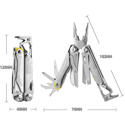 17 In 1 Multitool Pliers With Flint Fire Starter And Carabiner Hammer, 5Cr13 Steel Outdoor EDC Gear, open and closed view.