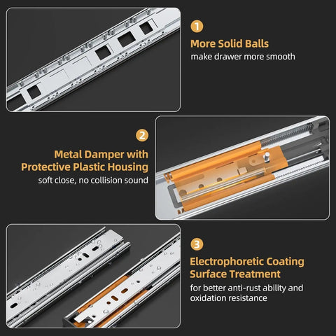 Pro Grade 16 Inch Soft Close Drawer Slides 5 Pair Full Extension Ball Bearing with metal damper and protective plastic housing.
