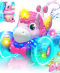 Unicorn Themed RC Car For Girls With 360 Degree Rotating Stunt Action, featuring LED lights and music, all terrain monster truck