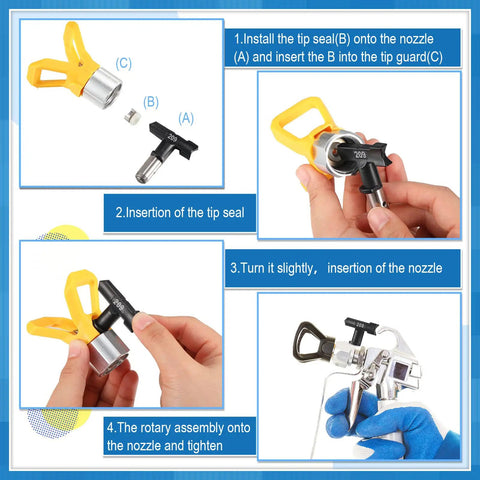 Installation steps for 10 Piece Reversible Airless Spray Tips Set With Tungsten Carbide Nozzles For Paint Sprayers Includes 209 213 313 315 411 413 521 523 619 623 Covers 4 To 14 Inch Spray Range Pro Grade For Walls Fences Decks Cabinets And More
