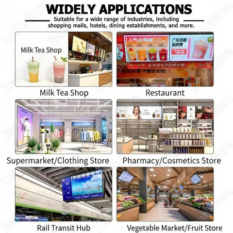 Top Shelf 15.6 Inch Wall Mount Digital Advertising Media Player Display With Crisp 4K Ultra HD Output showcased in diverse retail settings.