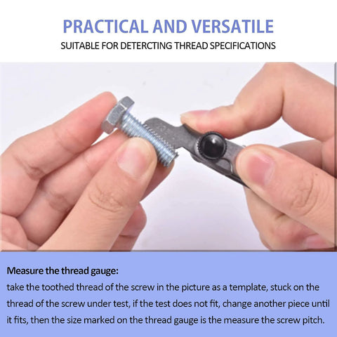 Close-up of stainless steel thread pitch gauge measuring bolt thread