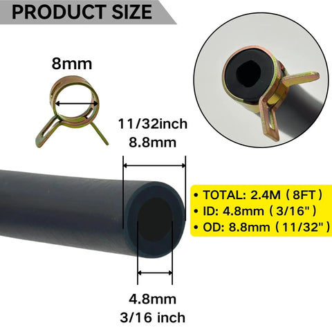 Gas Line Hose Kit With Eight Foot Length Three Sixteenth Inch ID Twin Layer Built Tough Oil Resistant Fuel Hose With Twenty Clamps For Small Engines Mini Bike ATV Generator Fits Honda Kawasaki Kohler Briggs Stratton Predator Champion Generac size detail