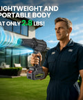 Man using Cordless Leaf Blower Turbo Power 980,000 RPM with Two 4.0Ah Batteries, showing lightweight design at only 2.8 lbs.