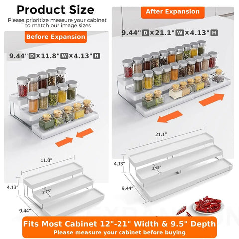 Before and after expansion of Three Tier Expandable Spice Rack Organizer For Cabinet And Countertop Fully Adjustable Width Design Dead Simple Pantry Layout White Matte Finish.
