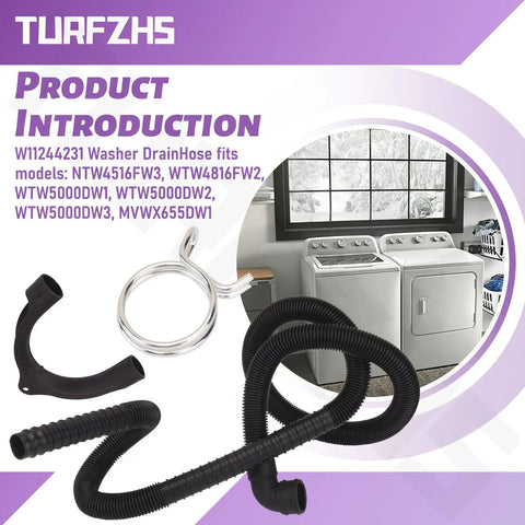 Washer Drain Hose Replacement Compatible With Maytag 1CWTW4 2DWTW 3DWTW 3LWTW 3NWTW4800 3SWTW4800 4GWTW 4GMVW 4KMVW 4KNTW 7MMVW Series Plug And Play No Fuss Install Flexible Hose For Quiet Leak Free Draining black corrugated hose