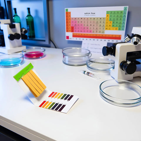 pH Test Strips Kit 1 To 14 With Storage Case for lab testing, shown with microscopes and petri dishes on a lab table.
