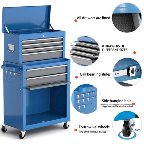 8 Drawer Rolling Tool Chest 42 Inch Heavy Duty Metal Cabinet On Wheels With Detachable Top Box Garage Workshop Storage For Repair Room And Warehouse Includes Hooks Liners Tray Divider And 550 Lb Load Capacity, blue steel chest with open lid