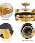 Close-up of gold and black ceiling light with metal lamp body, safe E26 base socket, and ceiling adaptor.