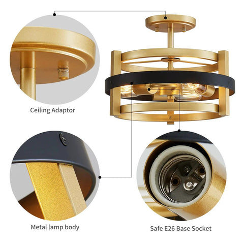 Close-up of gold and black ceiling light with metal lamp body, safe E26 base socket, and ceiling adaptor.