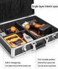 All In One Tool Box Organizer For Home DIY And On The Go Foldable Tool Chest With Top Organizer Tray For Small Parts And Drill Bits Large And Small Tool Storage Makeup Train Case Style showing open view with tools inside