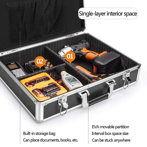 All In One Tool Box Organizer For Home DIY And On The Go Foldable Tool Chest With Top Organizer Tray For Small Parts And Drill Bits Large And Small Tool Storage Makeup Train Case Style showing open view with tools inside