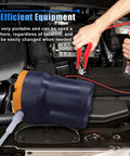 No Sweat Oil Change Pump Extractor With Hose Straight Up 12V Fluid Transfer and Scavenge Suction Changer in use on car engine.