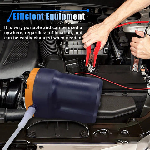 No Sweat Oil Change Pump Extractor With Hose Straight Up 12V Fluid Transfer and Scavenge Suction Changer in use on car engine.