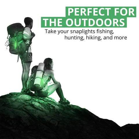Hikers on rock carrying backpacks with glowing green Military Grade Glow Sticks Green 6 Inch Emergency Light Sticks SnapLight.