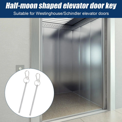 Half-moon shaped elevator door key suitable for Westinghouse/Schindler doors, steel material, shown with elevator interior.