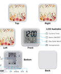 Chill Autumn Floral Silent Alarm Clock With Smooth Snooze and Soft Glowing Nightlight Hella Compact Desk Time Date And Temp Display showing top, left, right and front details.