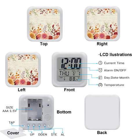 Slick Cube Digital Alarm Clock With Seven Color Led Night Light And Zero Hassle Snooze Buttons Time And Date Temperature Readout from multiple angles.