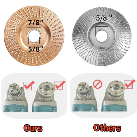 Kickass 5 Pack Wood Carving Discs For Angle Grinders Featuring 4 And 4 1 2 Inch Teeth With 5 8 Inch Arbor Heavy Carbon Steel Stump Grinding Wheels To Crunch Logs Fast, showing 5/8 inch and 7/8 inch arbor options.