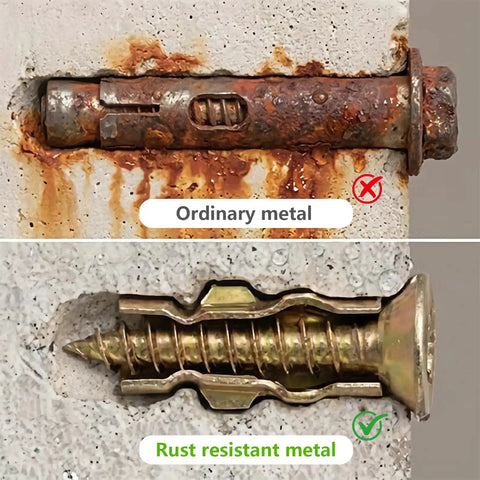 Comparison of rusted ordinary metal and rust resistant metal screw in concrete, demonstrating durability for Straight Shot At Loose Cabinetry Starts With These Short Expansion Screws To Fill Stripped Holes And Bolt Hinges Or Tracks Back Secure On Wood Tile Or Concrete Heavy Duty Anchors 20 Pack.