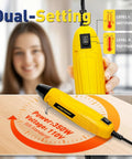Close-up of a yellow 350W heat gun from the 340 Piece All In One Solder Seal Wire Connector Kit with dual temperature settings.
