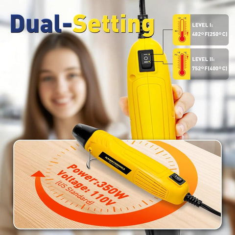 Close-up of a yellow 350W heat gun from the 340 Piece All In One Solder Seal Wire Connector Kit with dual temperature settings.