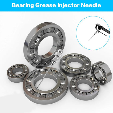 Front view of an 8-piece grease gun needle accessory kit with 6 injector needles, dispenser needle, and nipple adapter.