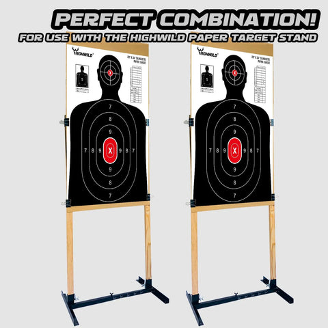 Silhouette Target Pack For Shooting Practice 23X35 Inches White And Black 50 Count Targets displayed on stands