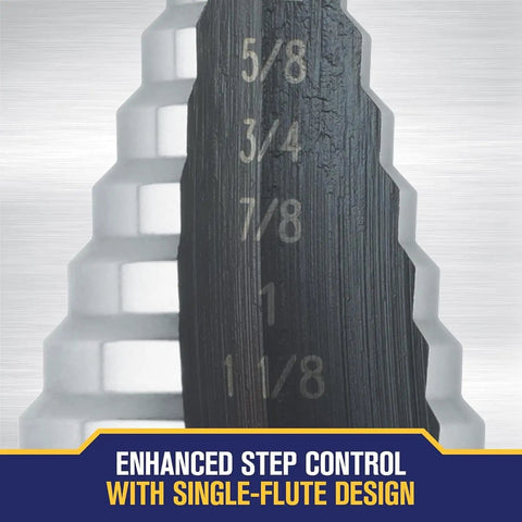 High Speed Steel Fractional Self-Starting Step Drill Bit For Metal, 12-Size Range From 1/4 To 1-3/8 Inch By 1/8 Inch, SpeedPoint Tip Prevents Walking, Delivers Clean, Smooth Holes, 1/2 Inch Hex Shank