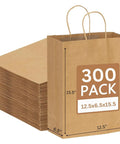 Kraft Paper Bags With Twisted Handles 12.5 By 6.5 By 15.5 Inch Brown Bulk Pack Of 300, stacked with size label visible