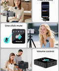 Collage of Wireless Lavalier Microphone for iPhone with 40dB Noise Cancellation showing various usage scenarios and product features.