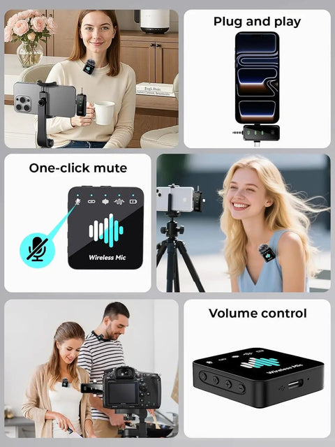 Collage of Wireless Lavalier Microphone for iPhone with 40dB Noise Cancellation showing various usage scenarios and product features.