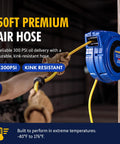 Professional Grade Retractable Air Hose Reel Featuring 3/8 Inch By 50 Foot Hybrid Polymer Tubing With 300 Psi Pressure Capacity And Kickass Swivel Joint For Daily Shop Duties mounted on wall with yellow hose being pulled.